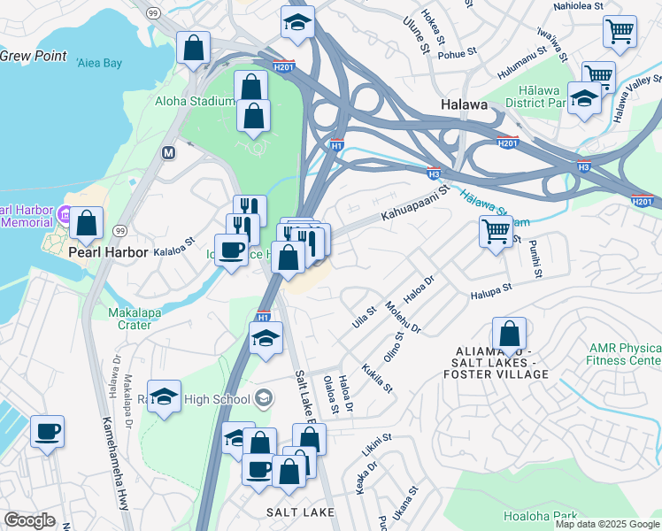 map of restaurants, bars, coffee shops, grocery stores, and more near 1205 Ala Alii Street in Honolulu