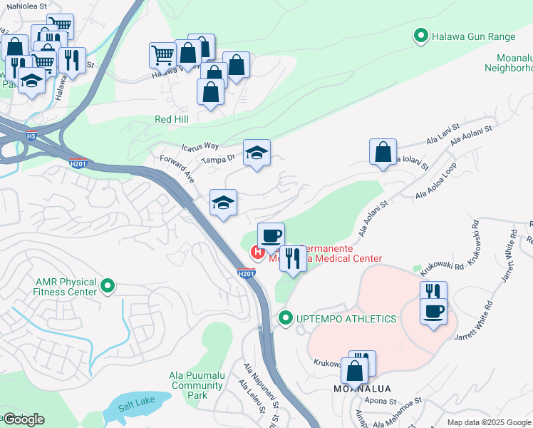 map of restaurants, bars, coffee shops, grocery stores, and more near 1294 Moanalualani Court in Honolulu