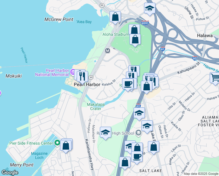 map of restaurants, bars, coffee shops, grocery stores, and more near 99-532 Ohaiula Place in Aiea