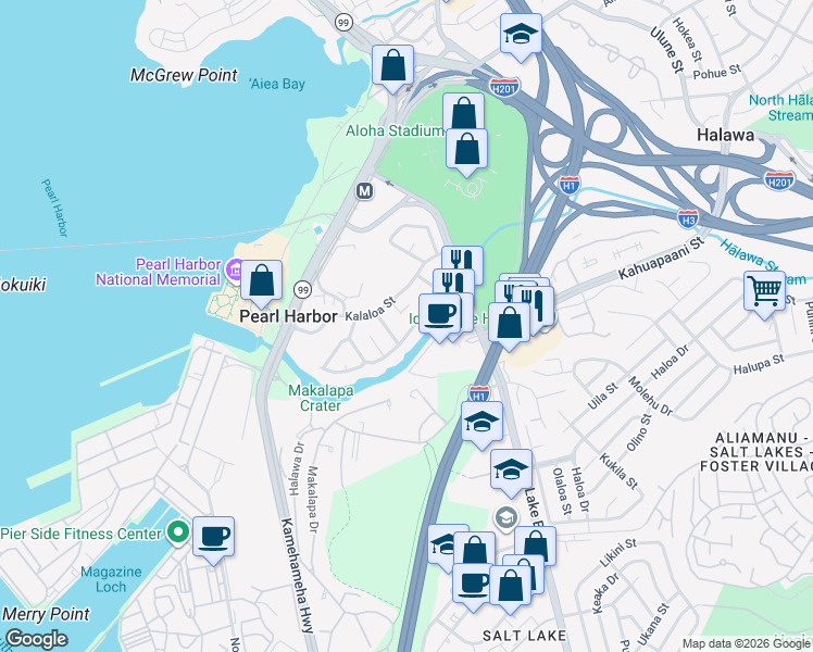 map of restaurants, bars, coffee shops, grocery stores, and more near 99-202 Ohekani Loop in Aiea