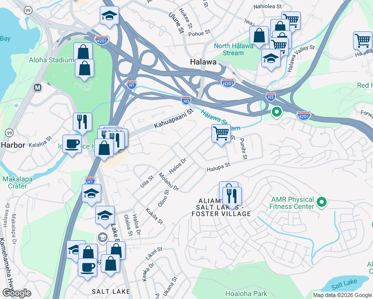 map of restaurants, bars, coffee shops, grocery stores, and more near 4421 Halupa Street in Honolulu