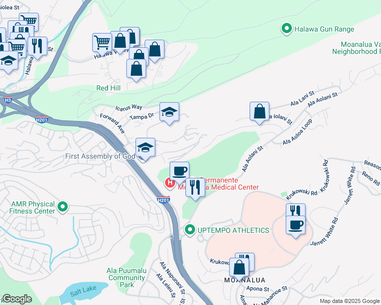 map of restaurants, bars, coffee shops, grocery stores, and more near 1317H Moanalualani Way in Honolulu