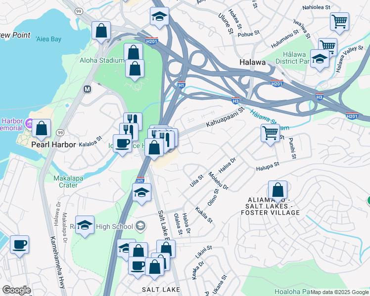 map of restaurants, bars, coffee shops, grocery stores, and more near 1205 Ala Alii Street in Honolulu