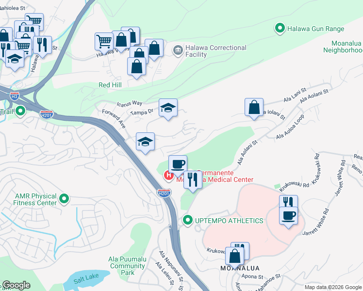 map of restaurants, bars, coffee shops, grocery stores, and more near 1365 Moanalualani Place in Honolulu
