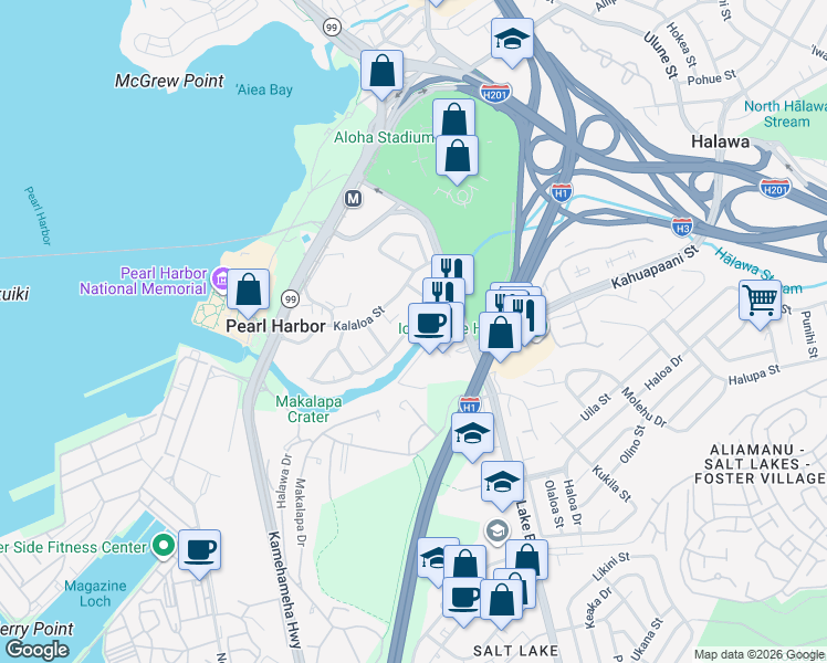 map of restaurants, bars, coffee shops, grocery stores, and more near 99-202 Ohekani Loop in Aiea