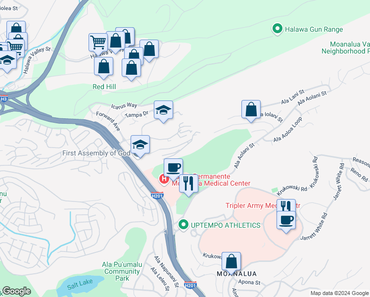 map of restaurants, bars, coffee shops, grocery stores, and more near 1317H Moanalualani Way in Honolulu