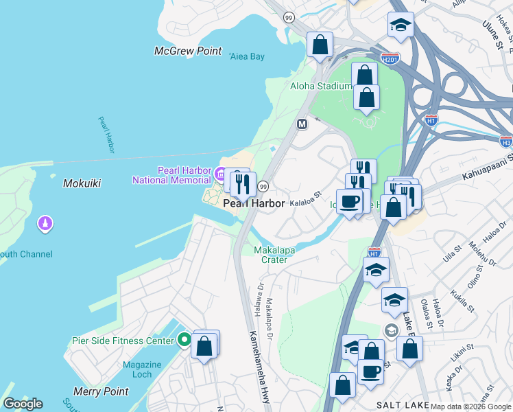map of restaurants, bars, coffee shops, grocery stores, and more near 99-500 Salt Lake Boulevard in Aiea