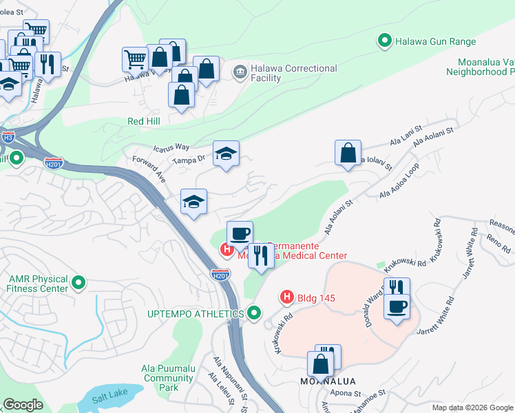 map of restaurants, bars, coffee shops, grocery stores, and more near 1349 Moanalualani Way in Honolulu