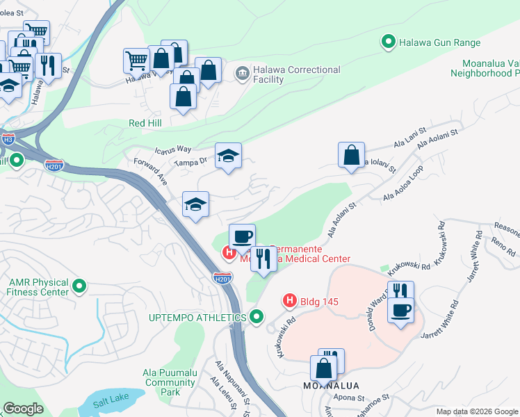 map of restaurants, bars, coffee shops, grocery stores, and more near 1349 Moanalualani Way in Honolulu