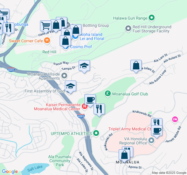 map of restaurants, bars, coffee shops, grocery stores, and more near 1317H Moanalualani Way in Honolulu