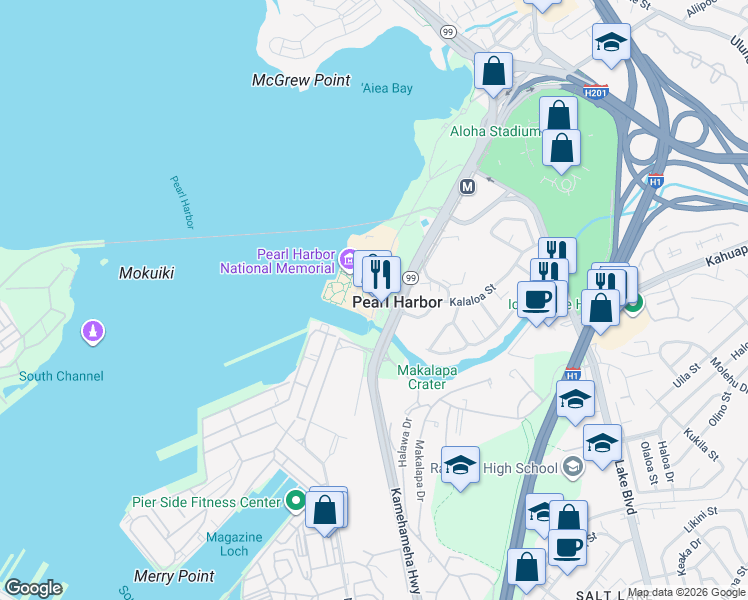map of restaurants, bars, coffee shops, grocery stores, and more near 11 Arizona Memorial Road in Honolulu