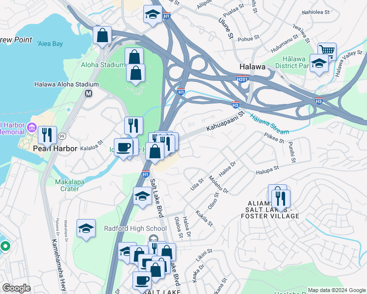 map of restaurants, bars, coffee shops, grocery stores, and more near 1205 Ala Alii Street in Honolulu