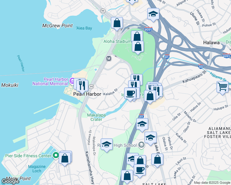 map of restaurants, bars, coffee shops, grocery stores, and more near 99-532 Ohaiula Place in Aiea