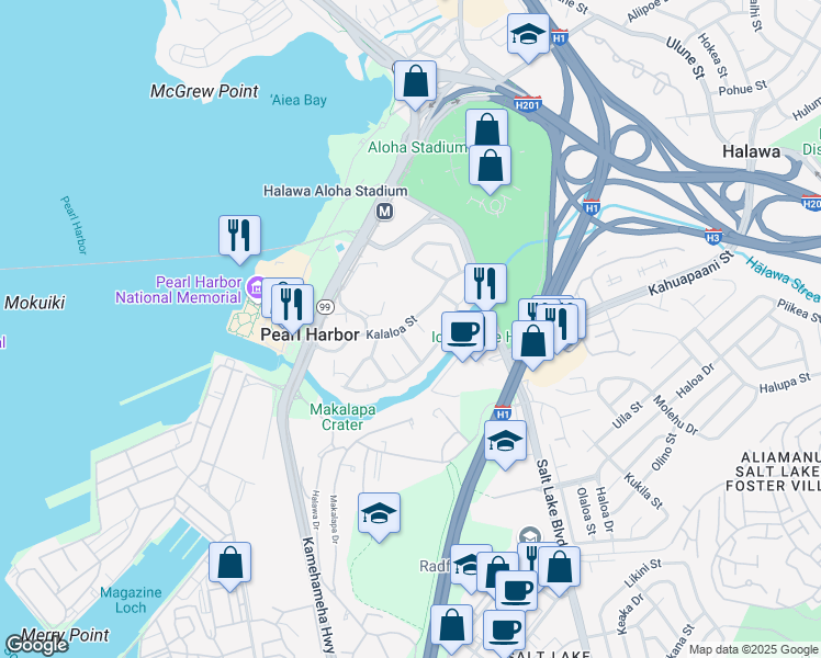 map of restaurants, bars, coffee shops, grocery stores, and more near 99-532 Ohaiula Place in Aiea