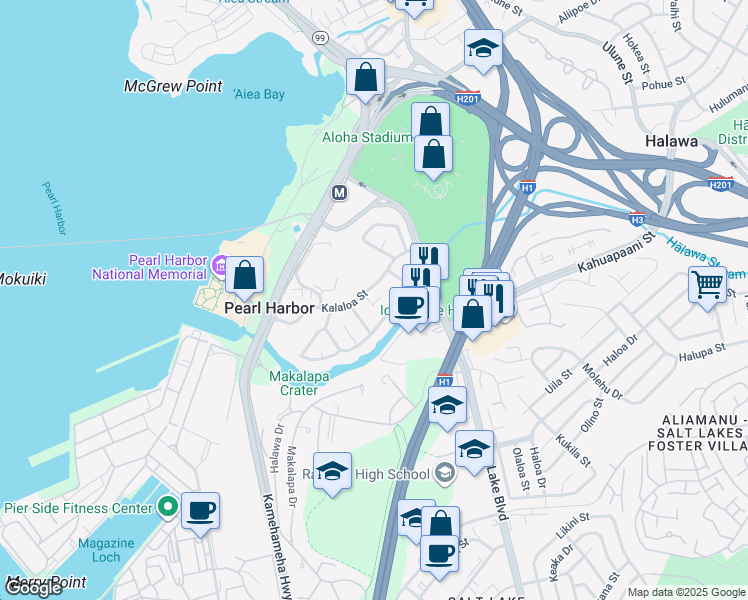 map of restaurants, bars, coffee shops, grocery stores, and more near 99-540 Kapahulani Place in Aiea