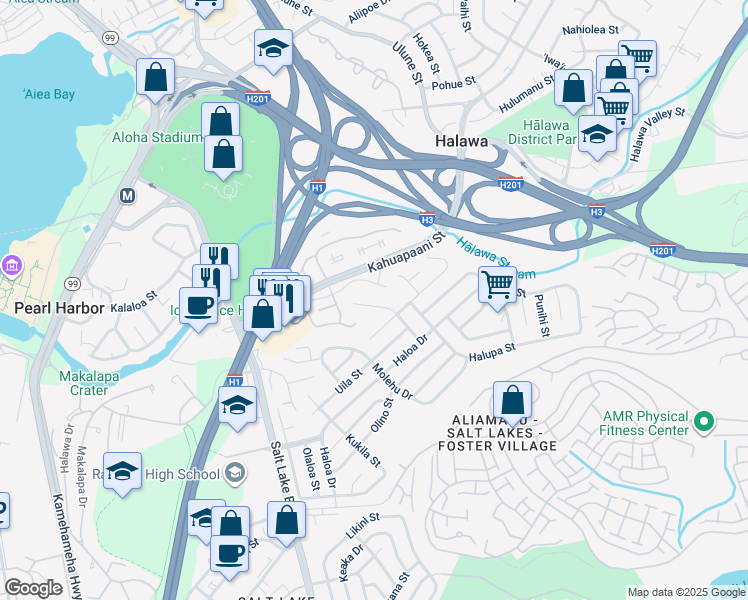 map of restaurants, bars, coffee shops, grocery stores, and more near 1334 Ala Alii Street in Honolulu