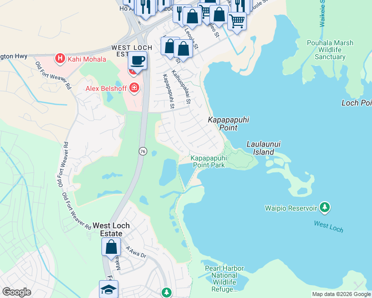 map of restaurants, bars, coffee shops, grocery stores, and more near 91-1065 Opaehuna Street in Ewa Beach
