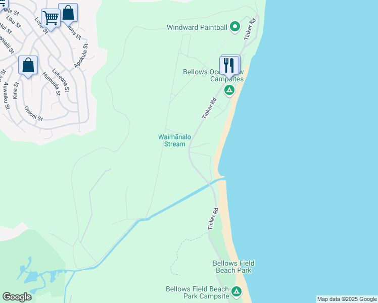 map of restaurants, bars, coffee shops, grocery stores, and more near Beachwalk Street in Waimanalo