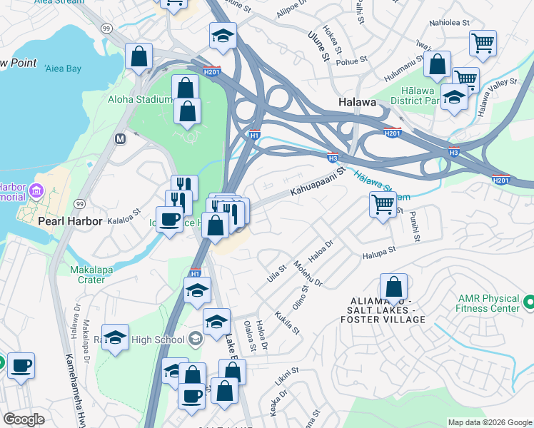 map of restaurants, bars, coffee shops, grocery stores, and more near in Halawa