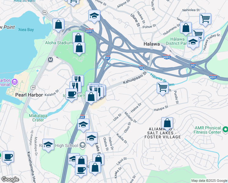 map of restaurants, bars, coffee shops, grocery stores, and more near 1233 Ala Alii Street in Honolulu