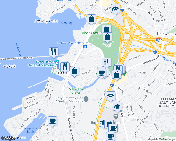 map of restaurants, bars, coffee shops, grocery stores, and more near 99-130 Kalaloa Street in Aiea