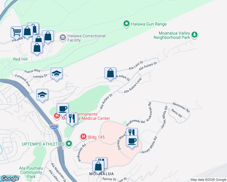map of restaurants, bars, coffee shops, grocery stores, and more near 1475 Ala Hekili Pl in Honolulu