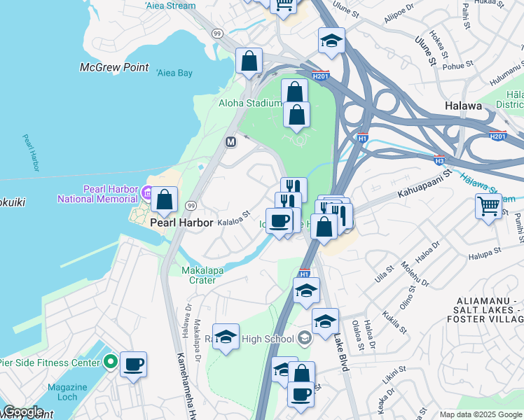 map of restaurants, bars, coffee shops, grocery stores, and more near 99-161 Kalaloa Street in Aiea