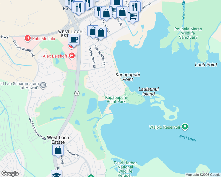 map of restaurants, bars, coffee shops, grocery stores, and more near 91-1065 Opaehuna Street in Ewa Beach