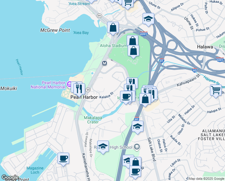 map of restaurants, bars, coffee shops, grocery stores, and more near 99-148 Kalaloa Street in Aiea