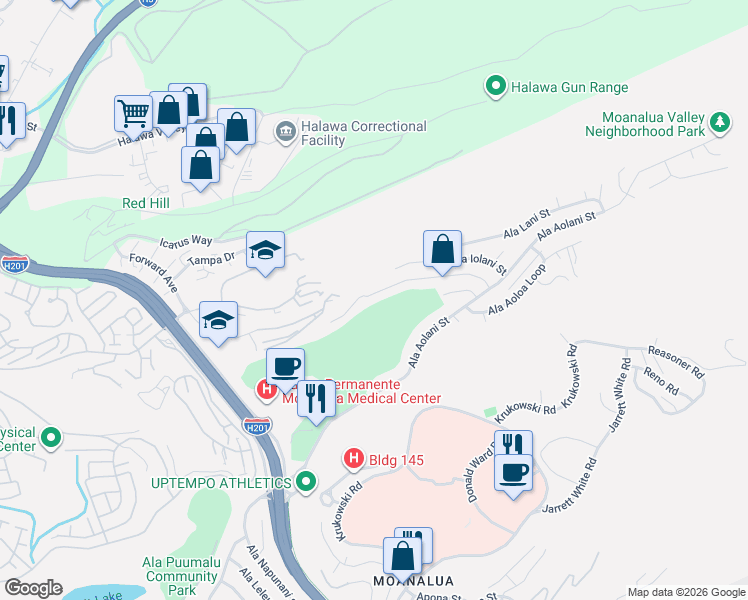map of restaurants, bars, coffee shops, grocery stores, and more near 1301 Ala Hoku Place in Honolulu
