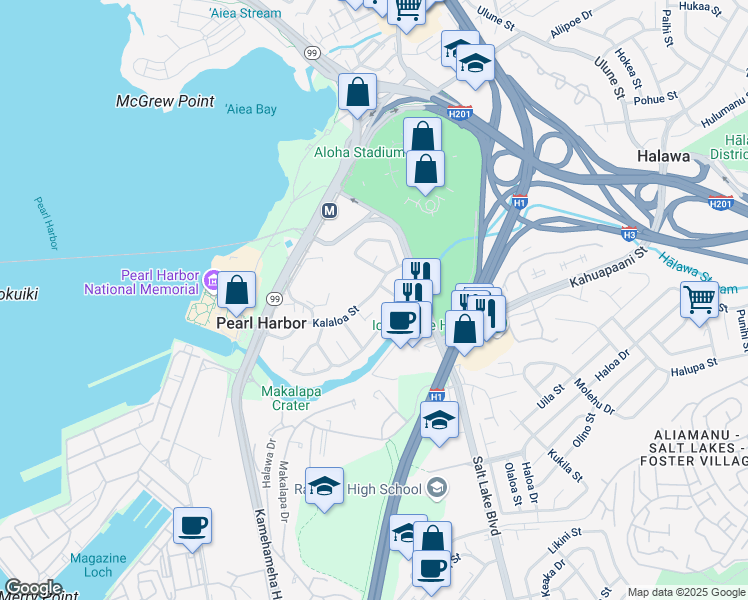 map of restaurants, bars, coffee shops, grocery stores, and more near 99-161 Kalaloa Street in Aiea
