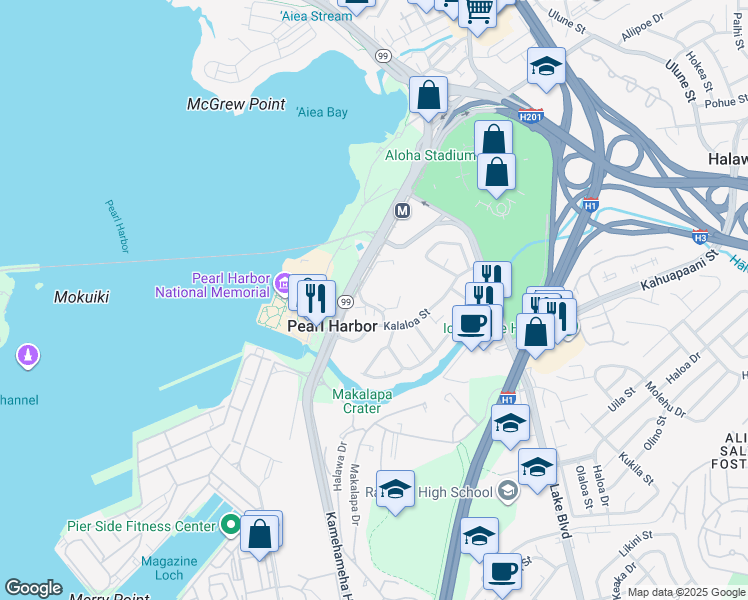 map of restaurants, bars, coffee shops, grocery stores, and more near 17 Kohomua Street in Aiea