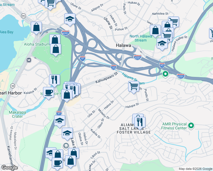 map of restaurants, bars, coffee shops, grocery stores, and more near 1523 Mahie Place in Honolulu