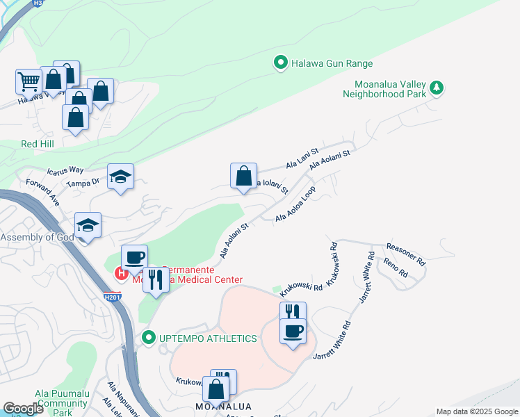 map of restaurants, bars, coffee shops, grocery stores, and more near 1475 Ala Hekili Place in Honolulu
