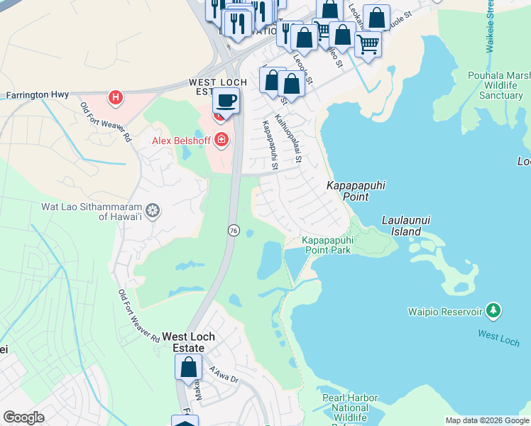 map of restaurants, bars, coffee shops, grocery stores, and more near 91-1048 Panapanapuhi Street in Ewa Beach