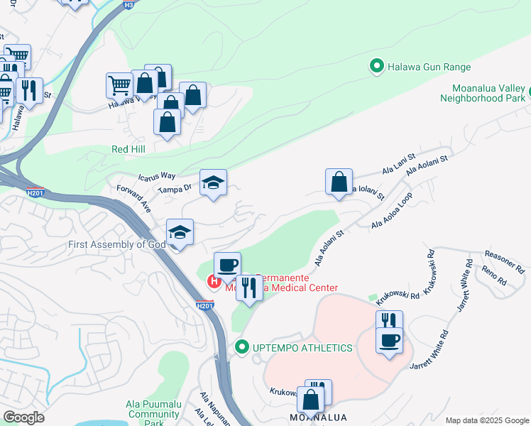 map of restaurants, bars, coffee shops, grocery stores, and more near 1380A Moanalualani Place in Honolulu