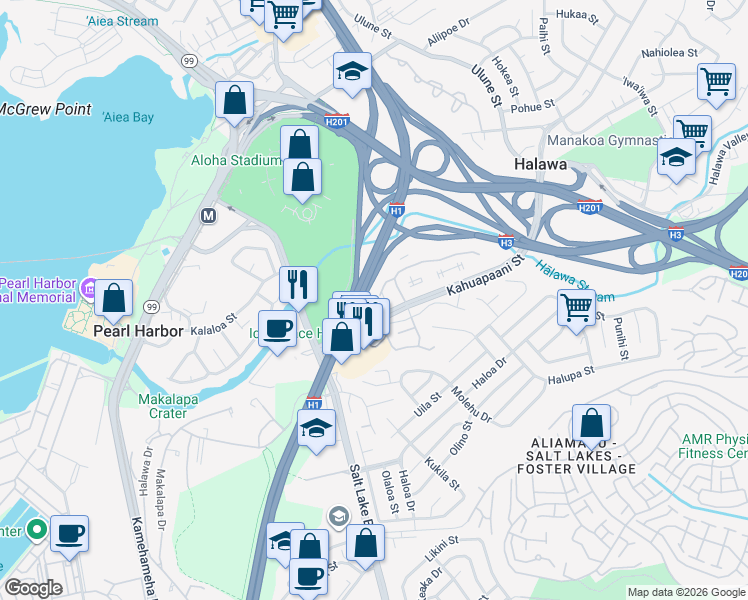 map of restaurants, bars, coffee shops, grocery stores, and more near 279 Mananai Place in Honolulu