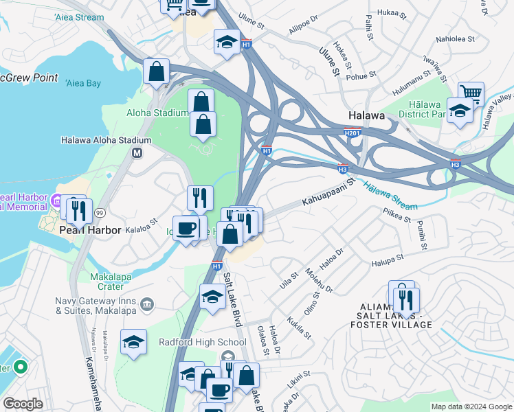 map of restaurants, bars, coffee shops, grocery stores, and more near in Halawa
