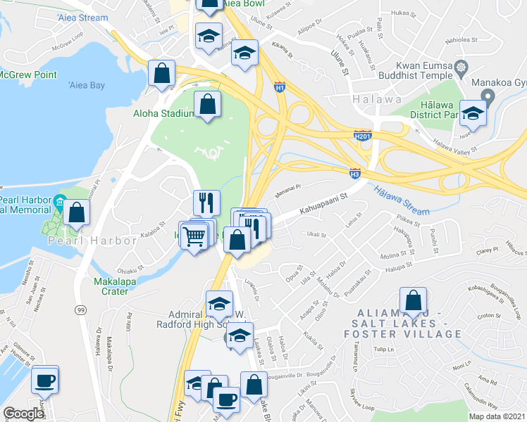 map of restaurants, bars, coffee shops, grocery stores, and more near in Halawa