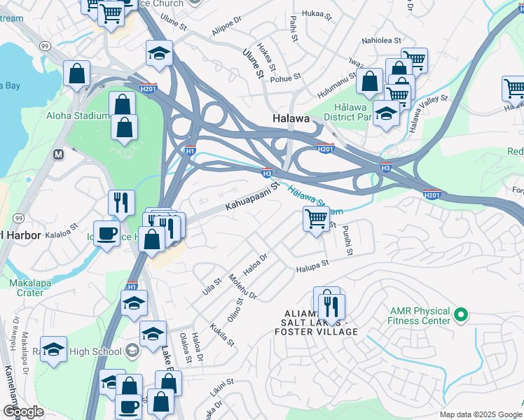 map of restaurants, bars, coffee shops, grocery stores, and more near 1599 Mahie Place in Honolulu