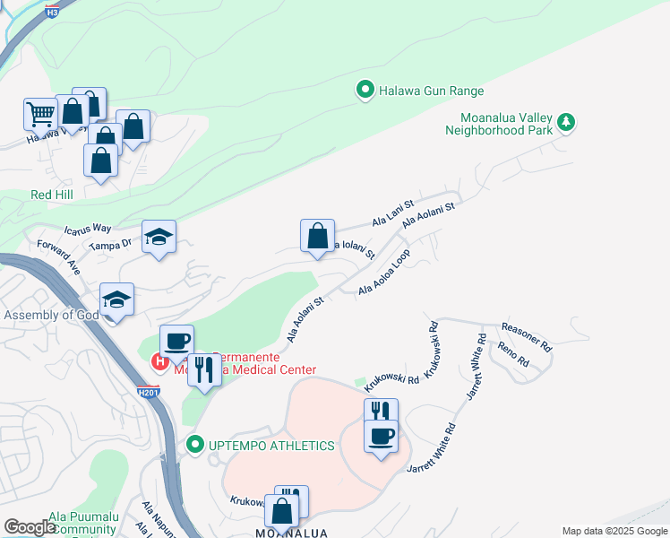 map of restaurants, bars, coffee shops, grocery stores, and more near 1475 Ala Hekili Place in Honolulu