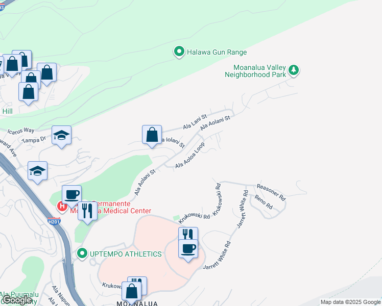 map of restaurants, bars, coffee shops, grocery stores, and more near 1544 Ala Aoloa Loop in Honolulu