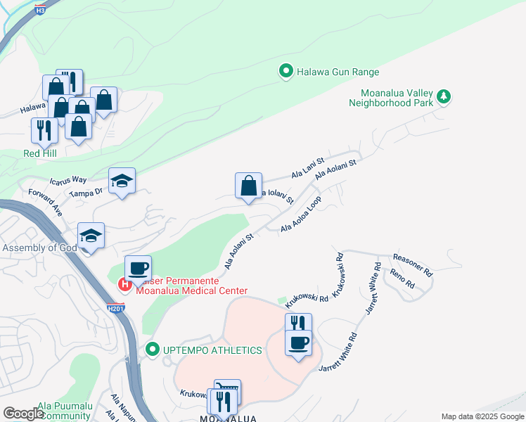 map of restaurants, bars, coffee shops, grocery stores, and more near 1475 Ala Hekili Place in Honolulu