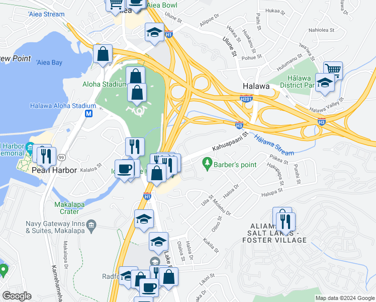 map of restaurants, bars, coffee shops, grocery stores, and more near in Halawa
