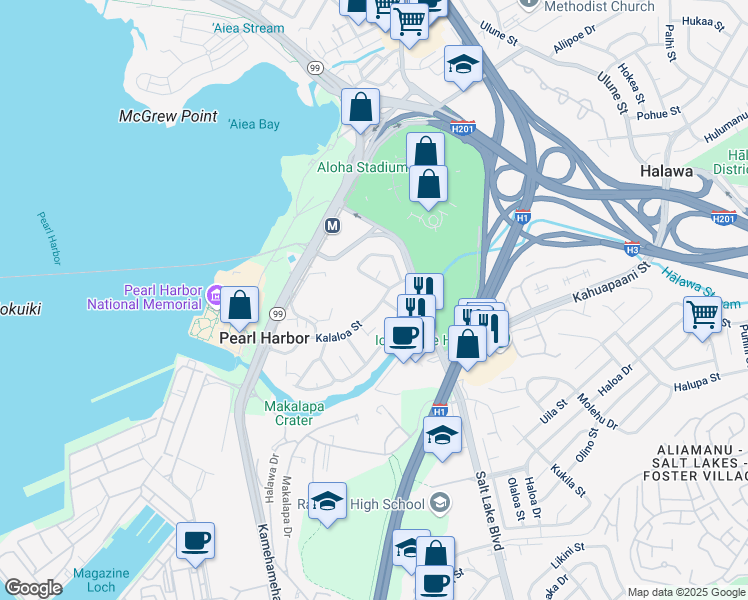 map of restaurants, bars, coffee shops, grocery stores, and more near 99-161 Kalaloa Street in Aiea