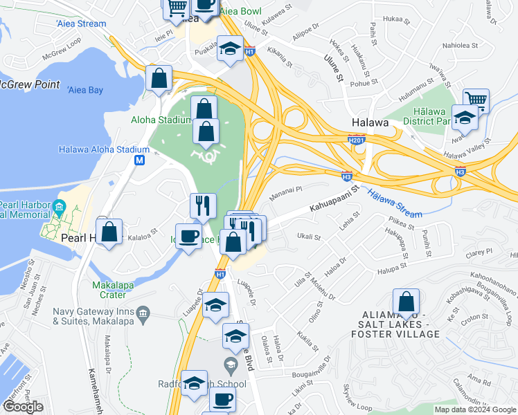 map of restaurants, bars, coffee shops, grocery stores, and more near 271 Mananai Place in Honolulu