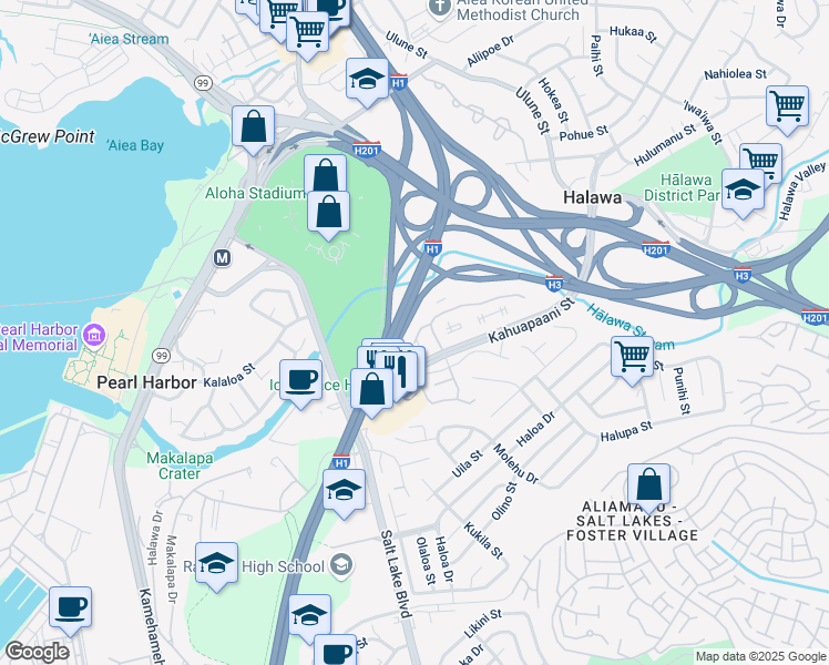 map of restaurants, bars, coffee shops, grocery stores, and more near 255 Mananai Place in Honolulu