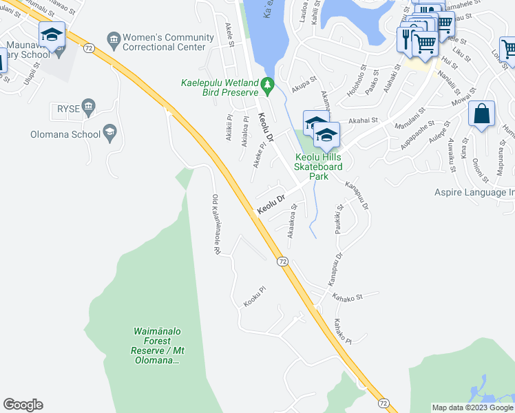 map of restaurants, bars, coffee shops, grocery stores, and more near 1563 Keolu Drive in Kailua