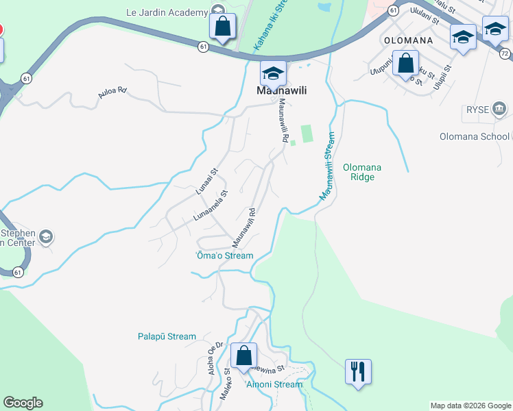 map of restaurants, bars, coffee shops, grocery stores, and more near 1050 Maunawili Road in Kailua