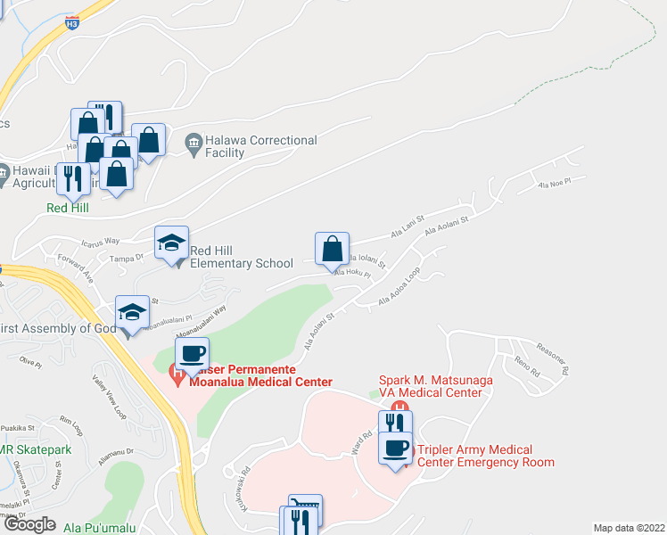 map of restaurants, bars, coffee shops, grocery stores, and more near 1424 Ala Iolani Street in Honolulu